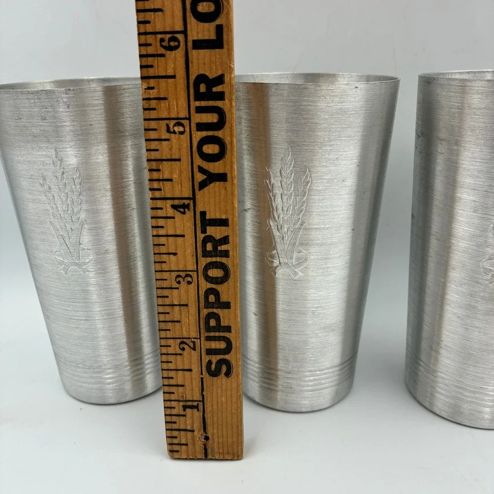 Vintage Aluminum Wheat Pitcher and 4 Tumbler Cup Set Silver Mid Century Modern